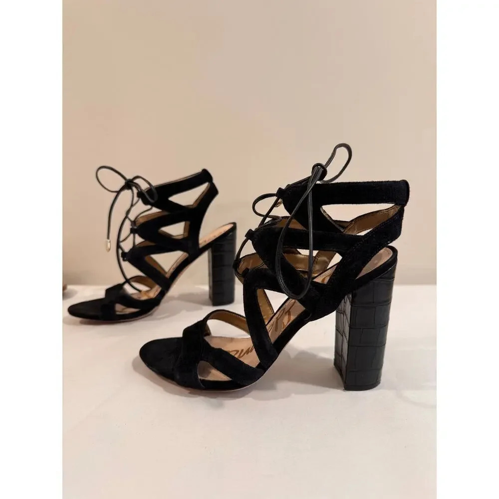 Sam Edelman Sandals Womens Sz 7.5 Black Suede Leather Strappy Ankle Wrap Heels